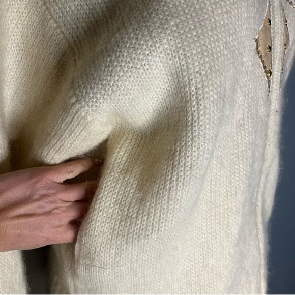 Vtg 80s Wool Mohair Embroidered Patchwork Cardigan Size S Old Money Coquette - Picture 6 of 9